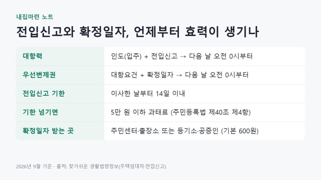 전입신고확정일자로 생기는 대항력과 우선변제권의 발생 시점, 14일 기한과 과태료, 확정일자 받는 곳을 정리한 표